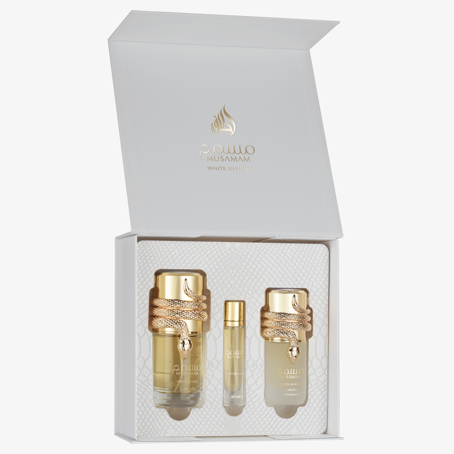 Cosmetic set with gold and beige bottles in a white box, featuring a visible brand logo.