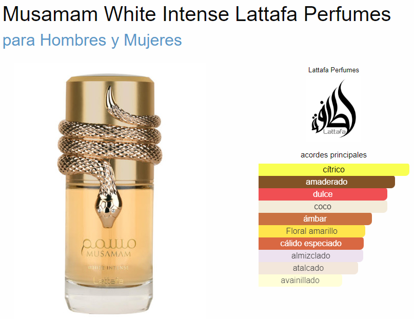 Musamam White Intense By Lattafa Unisex 3.4oz/100ml Citrus Woody Sweet Coconut Amber Yellow Floral