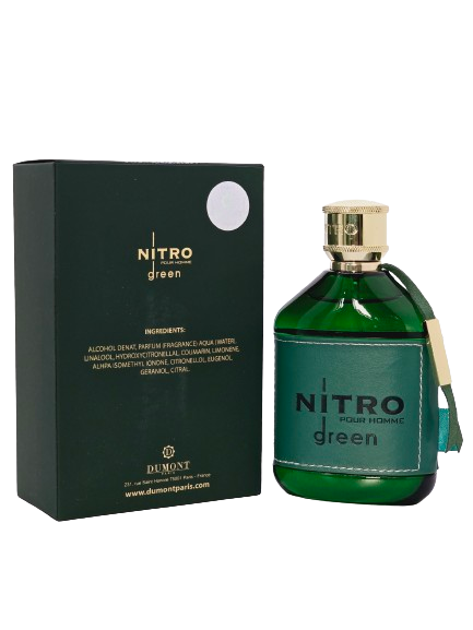 Travel Sample Tester 5ML Nitro Green Eau De Parfum By Dumont For Men Amber Woody Warm Spicy Powdery Vanilla Fresh Leather Lavender