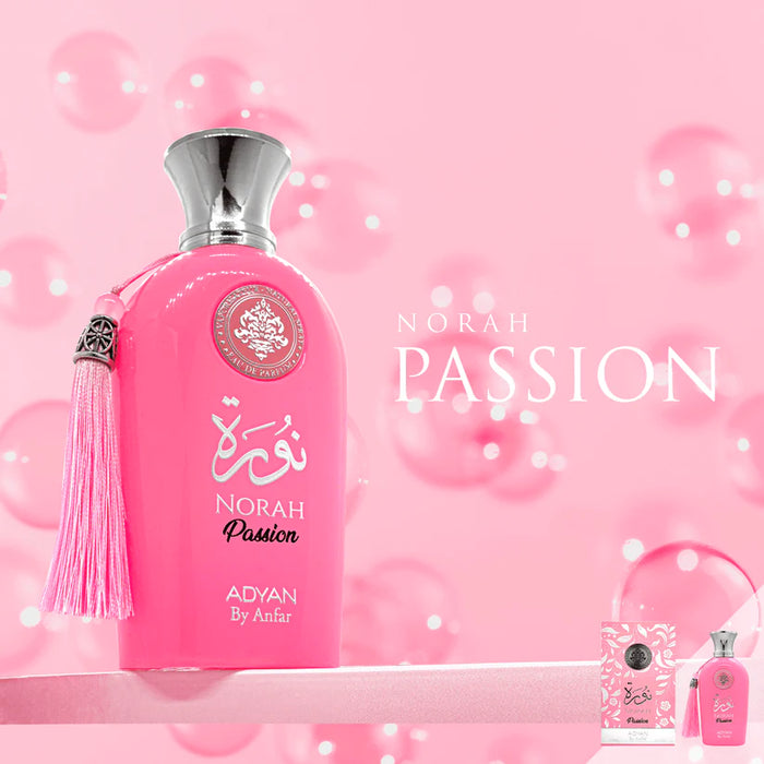 A pink bottle of Norah Passion Eau De Parfum with a white cap. The background features pink bubbles and the text 'Adyan' is visible.