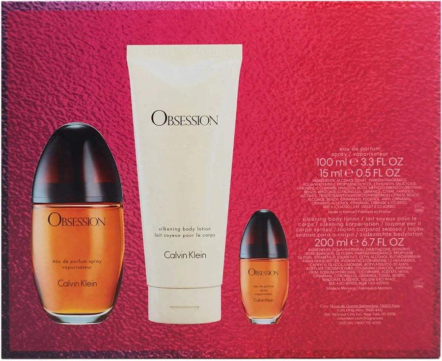 Calvin Klein Obsession perfume set on a red background