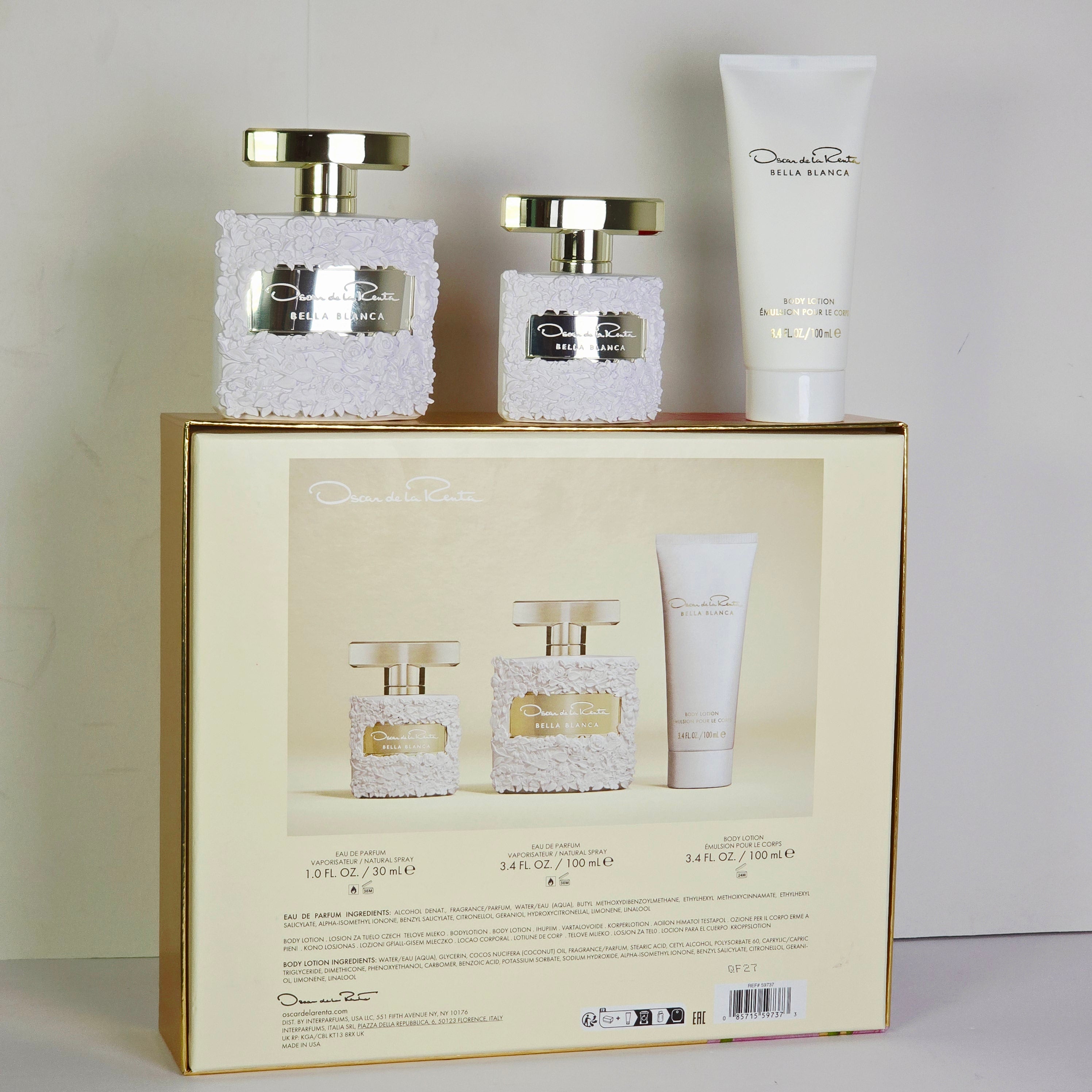 Bella Blanca perfume set with floral design on packaging