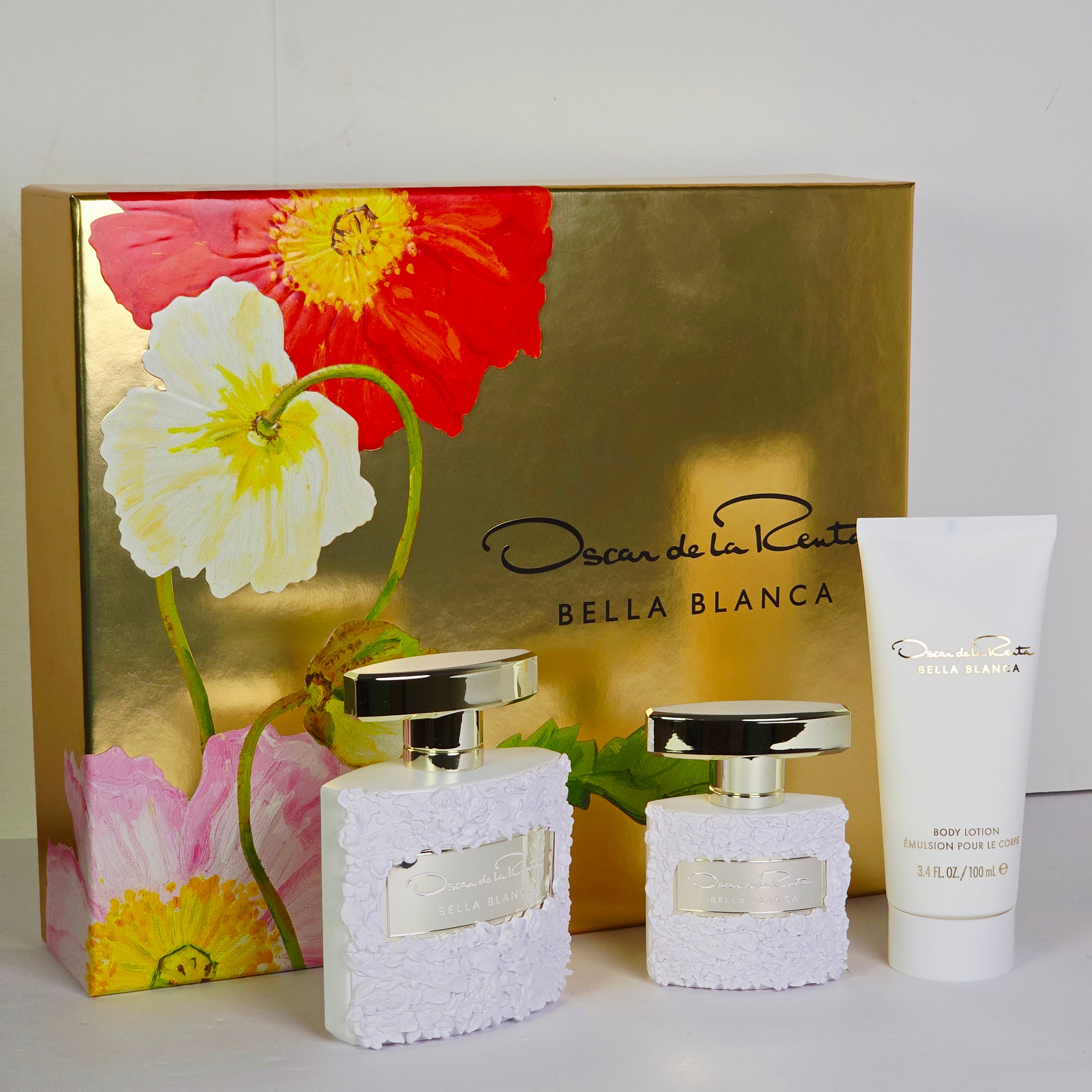 Bella Blanca perfume set with floral design on packaging