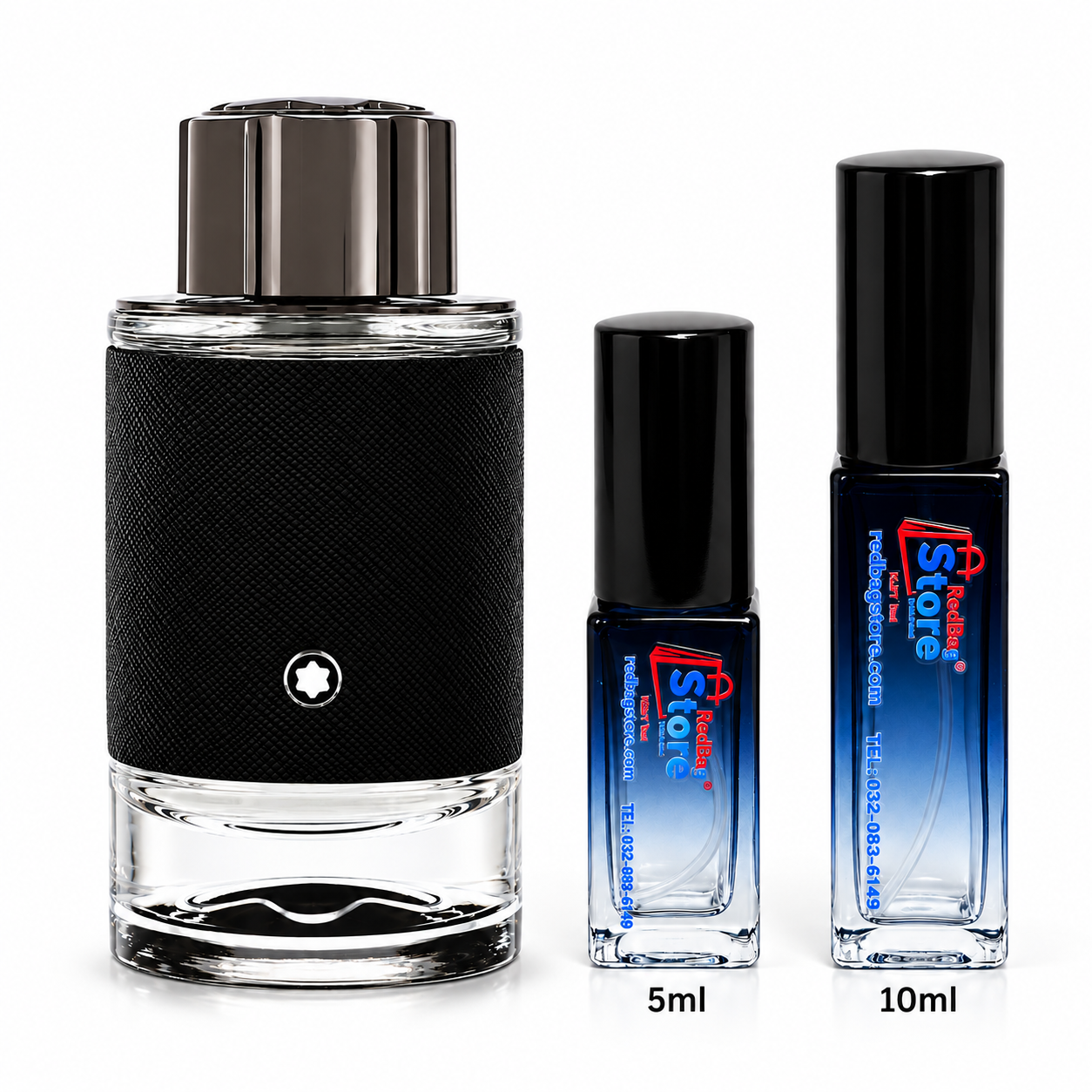 Montblanc Explorer bottle beside blue RedBag Store 5ml and 10ml decant sprays