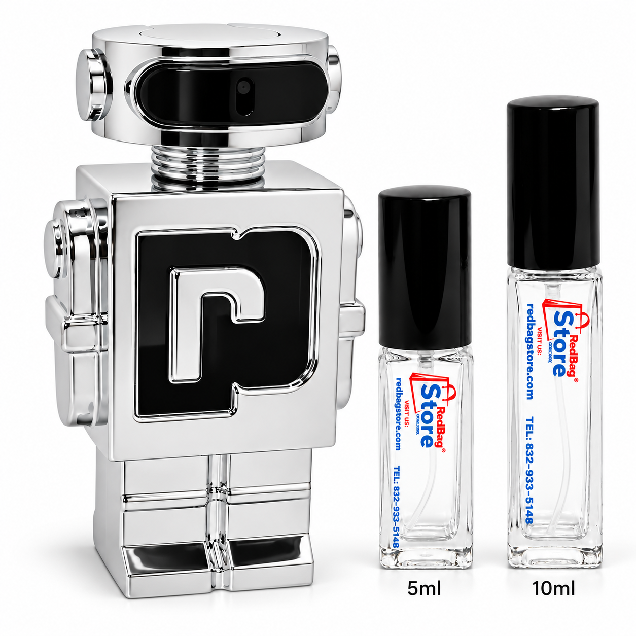 Silver Paco Rabanne Phantom robot bottle beside clear RedBag Store 5ml and 10ml decant sprays