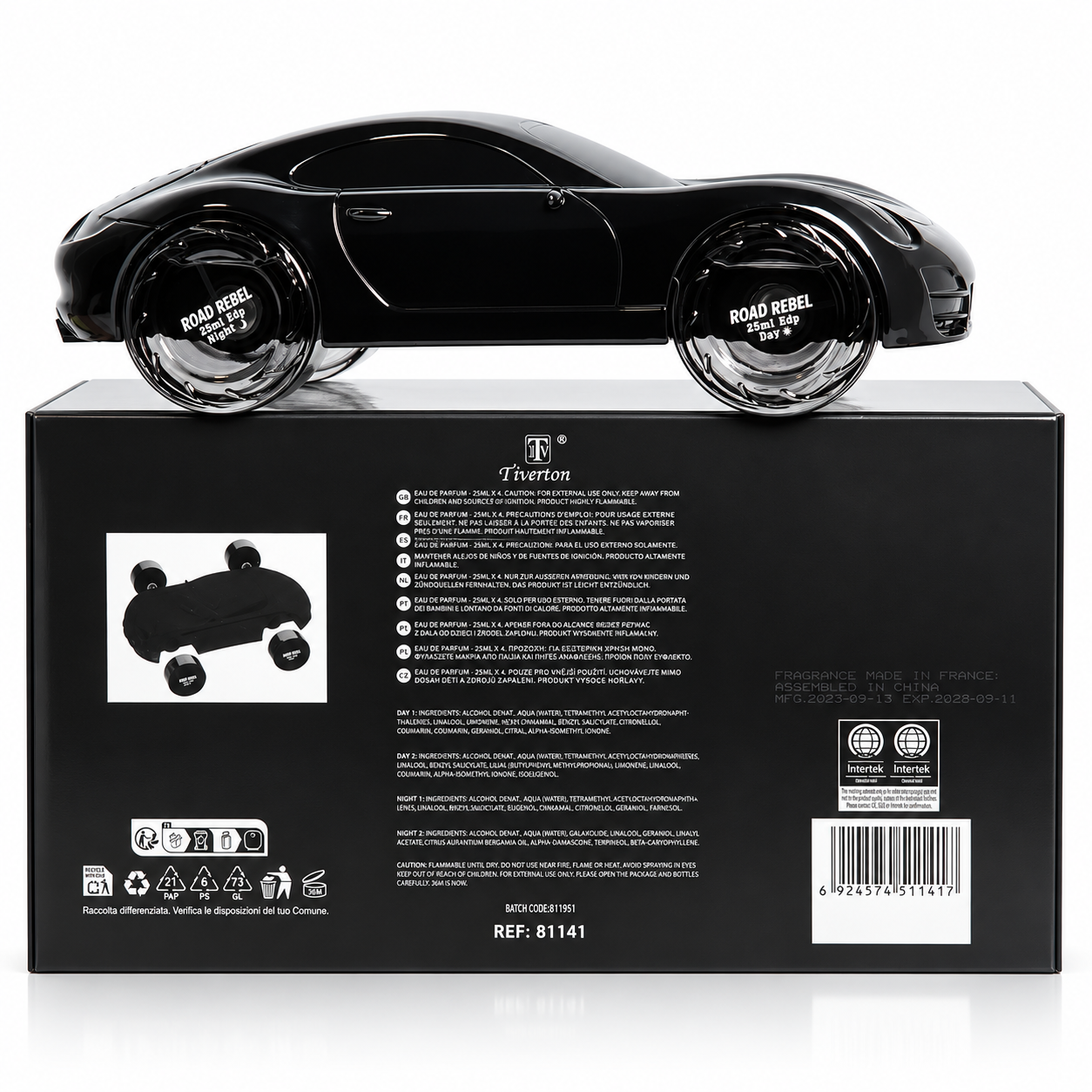 Road Rebel EDP Tiverton black glass car bottle with Day Night fragrance wheels front angle view on white