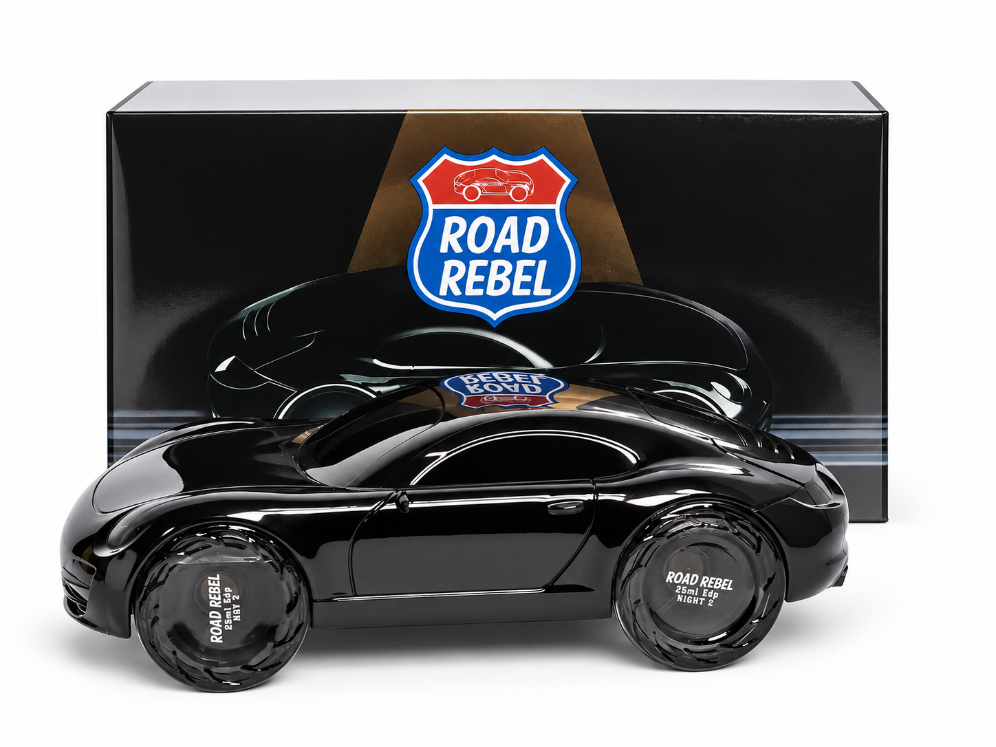 Road Rebel EDP Tiverton black glass car bottle with Day Night fragrance wheels front angle view on white