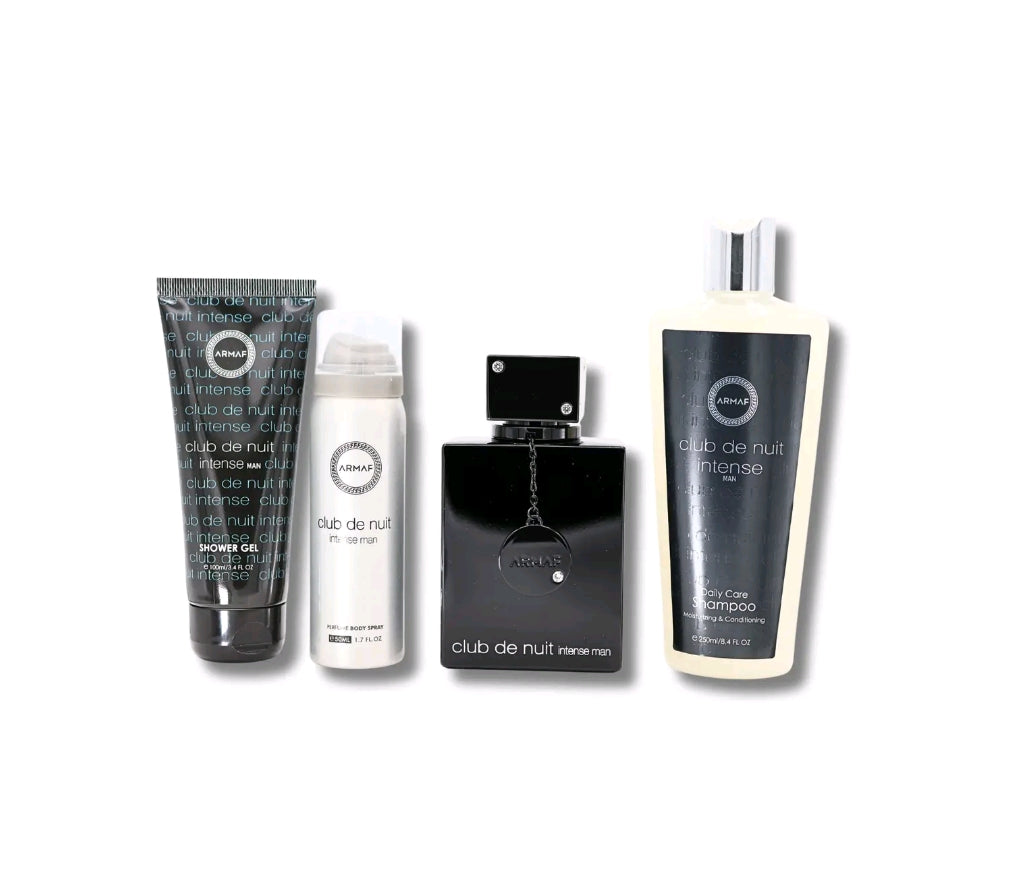 Set Club De Nuit Intense(LA BESTIA NEGRA) By Armaf 4PC For Men 3.6oz EDT 1.7oz Perfume Body Spray 3.4oz Shower Gel 8.4oz Shampoo