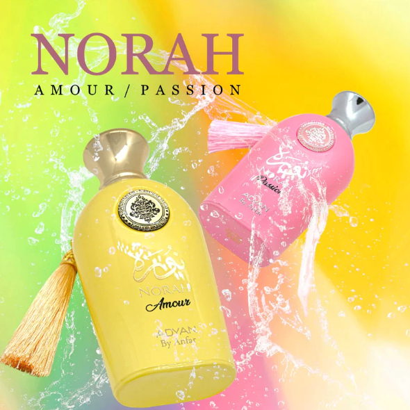 Two bottles of Norah Amour and Norah Passion Eau De Parfum, one in yellow and one in pink, with decorative flowers in the background.