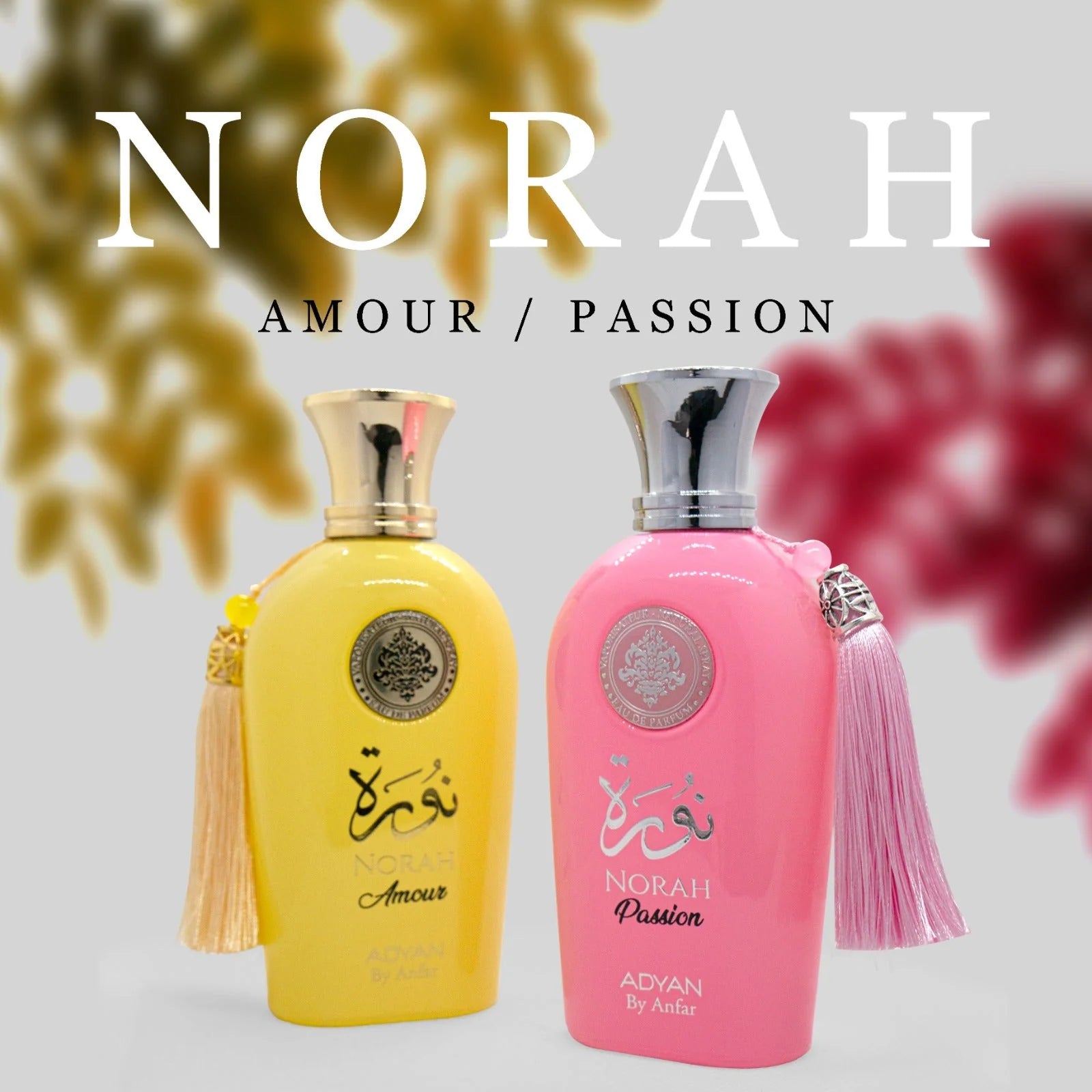 Two bottles of Norah Amour and Norah Passion Eau De Parfum, one in yellow and one in pink, with decorative flowers in the background.