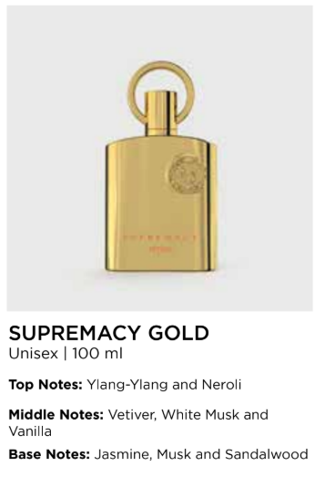 A gold-colored bottle of 'Supremacy' unisex perfume by Afnan with a capacity of 3.4 ounces, featuring a label with floral and geometric patterns.