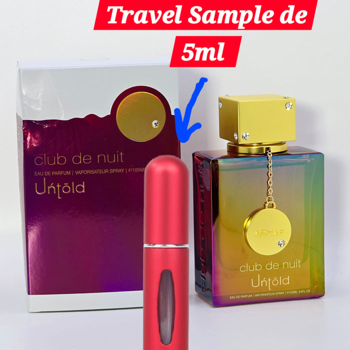 A red 5ml travel sample bottle of 'Untold Club De Nuit' perfume by Armaf, placed in front of its packaging box with the text 'Solo Incluyendo El Travel Sample 5ML' indicating that only the travel sample is included and not the full-sized bottle.