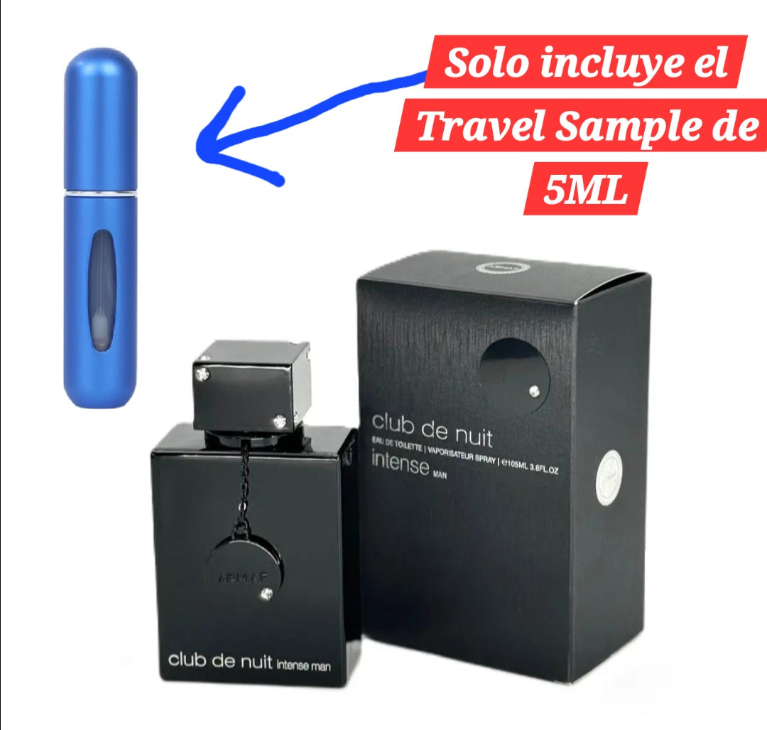 A 5ml travel sample bottle of Club De Nuit Intense Men fragrance by Armaf, displayed next to its packaging box.