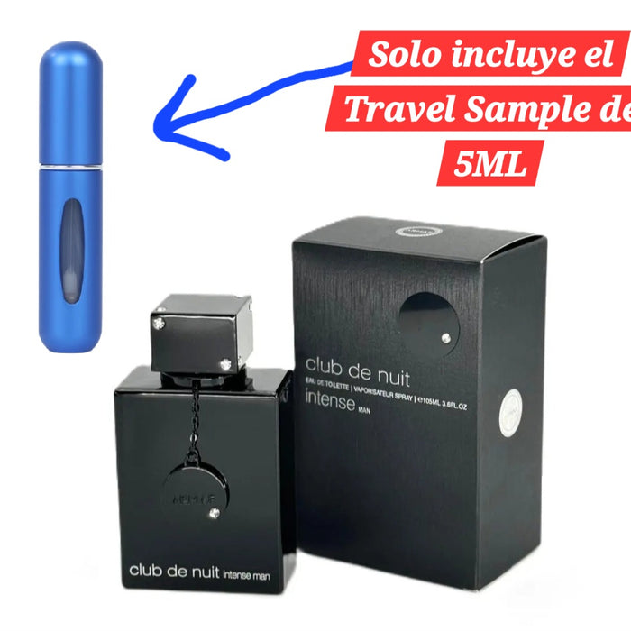 A 5ml travel sample bottle of Club De Nuit Intense Men fragrance by Armaf, displayed next to its packaging box.