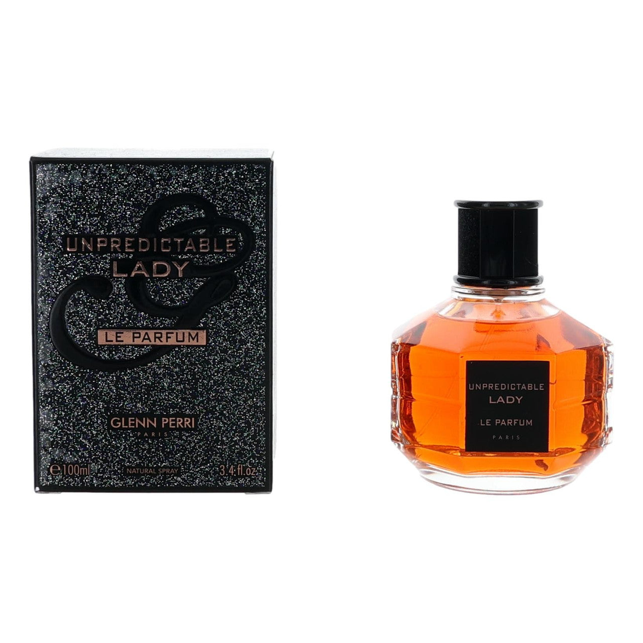 Perfume bottle and packaging of 'Unpredictable Lady' by Glenn Perri on a white background
