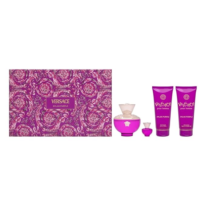 Versace Dylan Purple for Women, 4-Piece Set Includes: 3.4 oz Eau de Parfum Spray + 3.4 oz Perfumed Bath & Shower Gel + 3.4 oz Perfumed Body Lotion + 0.17 oz Eau de Parfum