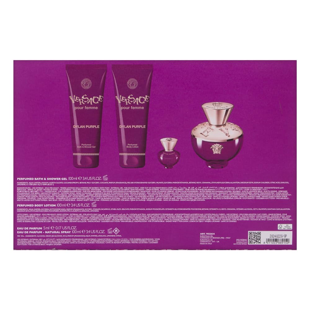 Versace Dylan Purple for Women, 4-Piece Set Includes: 3.4 oz Eau de Parfum Spray + 3.4 oz Perfumed Bath & Shower Gel + 3.4 oz Perfumed Body Lotion + 0.17 oz Eau de Parfum