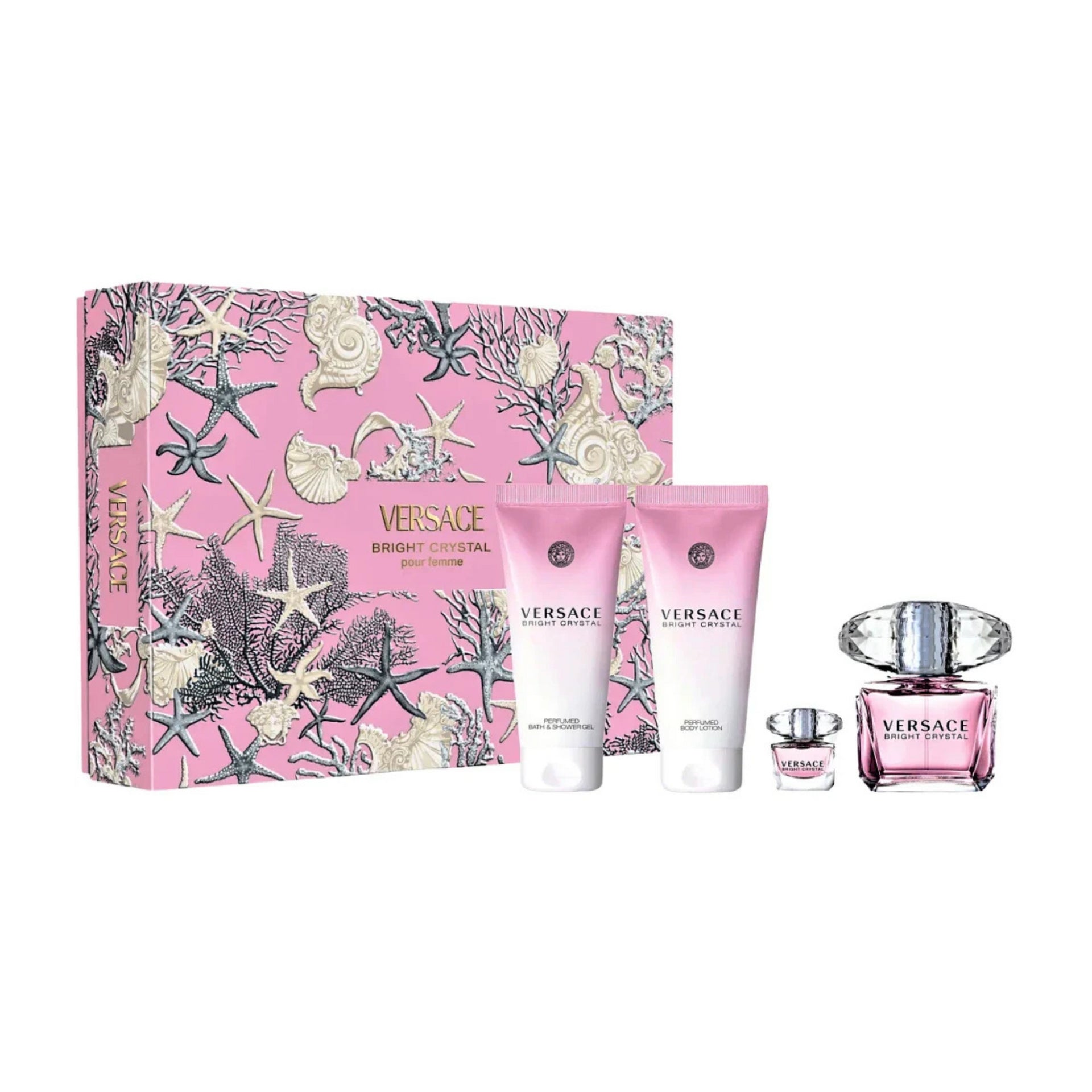 Versace Bright Crystal Gift Set for Women 4pcs 90ml Eau de Toilette 100ml Perfumed Shower gel 100ml Perfumed Body Lotion Travel Sample 5ml