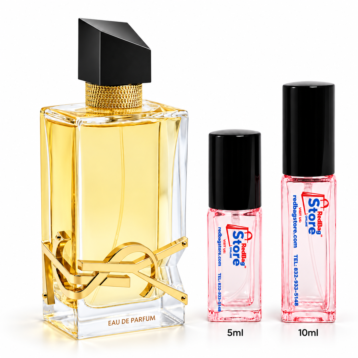 Yves Saint Laurent Libre Eau de Parfum bottle beside pink RedBag Store 5ml and 10ml decant sprays