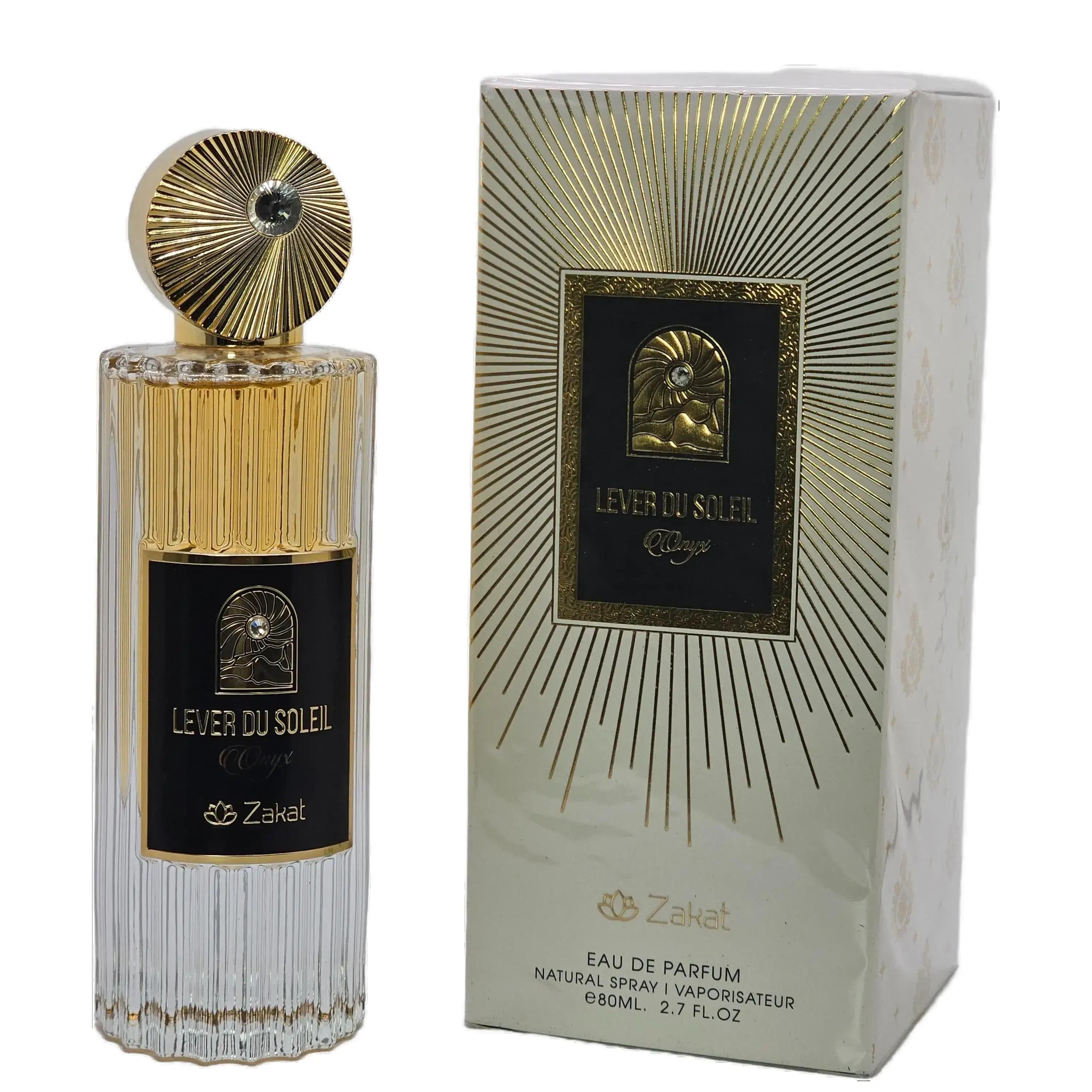 Zakat Lever Du Solei Onyx opens with Saffron, Animal Notes, Thyme and reveals Leather, Raspberry, Woody Notes, Incense, Jasmine at the heart. Its woody, fresh, sweet profile creates an elegant, versatile presence ideal for everyday wear, dates, dinners, and special occasions.