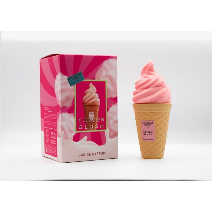 Pink cotton candy-flavored ice cream cone with packaging on a white background