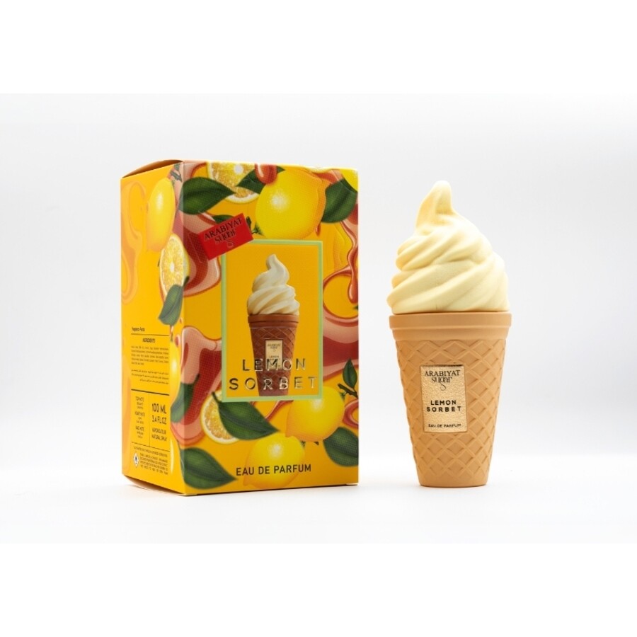 Lemon sorbet-themed perfume packaging and cone on a white background